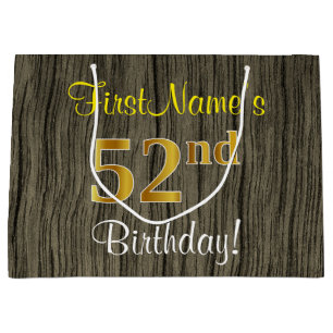 Faux Wood Look, Faux Gold 52nd Birthday + Name Large Gift Bag