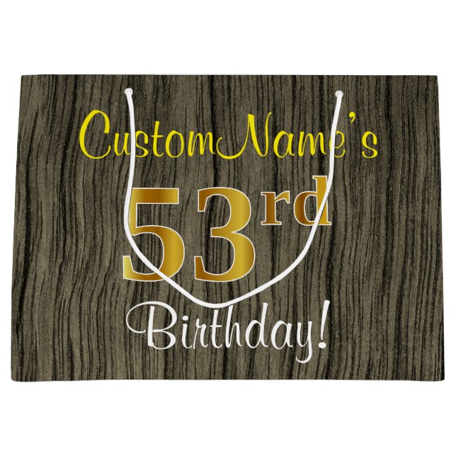 Faux Wood Look, Faux Gold 53rd Birthday + Name Large Gift Bag (Front)