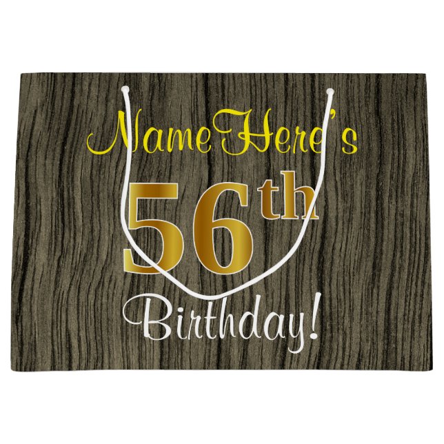 Faux Wood Look, Faux Gold 56th Birthday + Name Large Gift Bag (Front)
