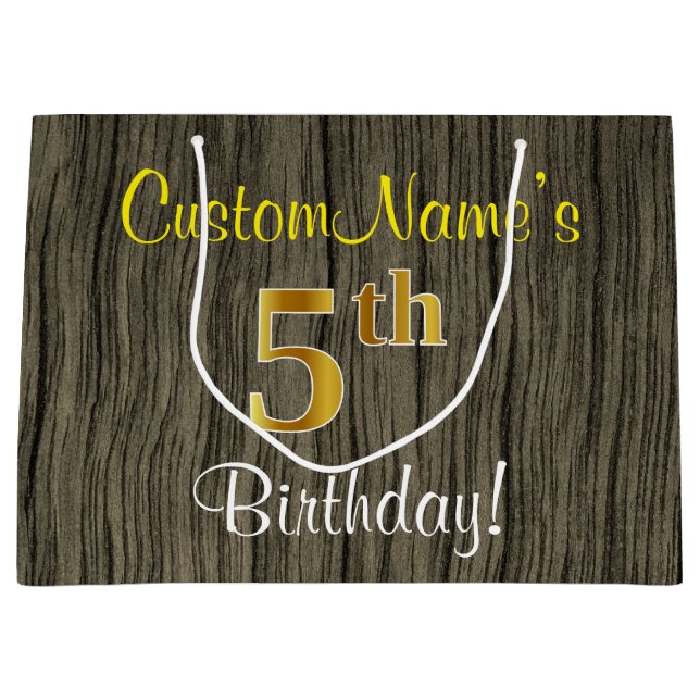 Faux Wood Look, Faux Gold 5th Birthday + Name Large Gift Bag (Front)