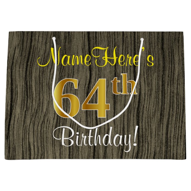 Faux Wood Look, Faux Gold 64th Birthday + Name Large Gift Bag (Front)
