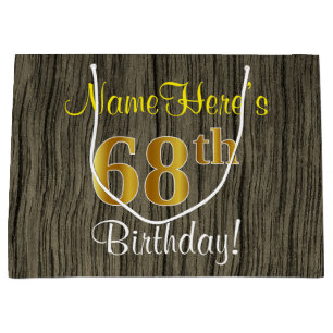 Faux Wood Look, Faux Gold 68th Birthday + Name Large Gift Bag