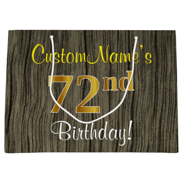 Faux Wood Look, Faux Gold 72nd Birthday + Name Large Gift Bag (Front)