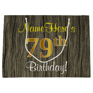Faux Wood Look, Faux Gold 79th Birthday + Name Large Gift Bag