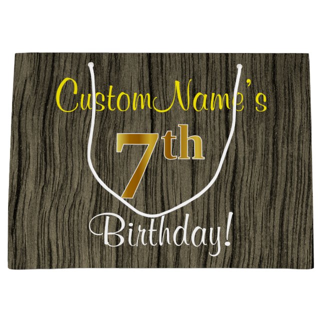 Faux Wood Look, Faux Gold 7th Birthday + Name Large Gift Bag (Front)