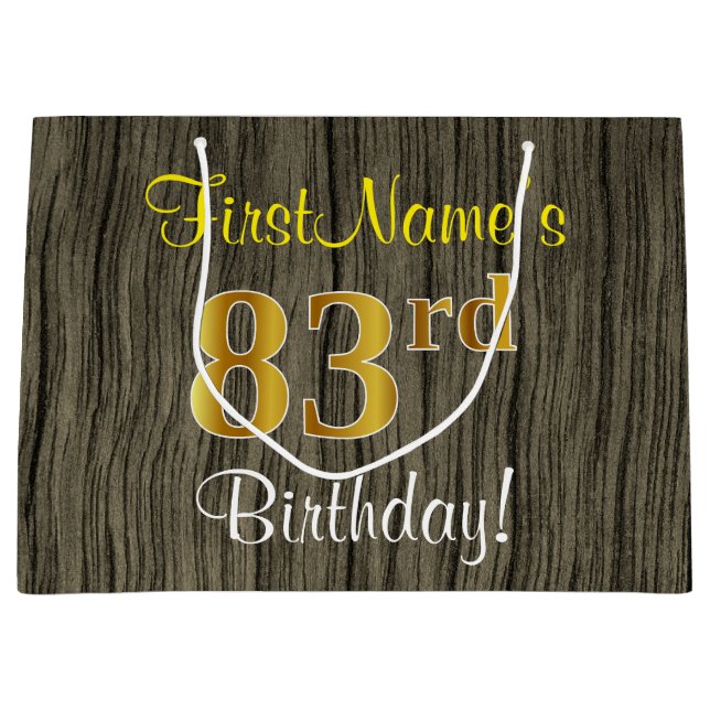 Faux Wood Look, Faux Gold 83rd Birthday + Name Large Gift Bag (Front)