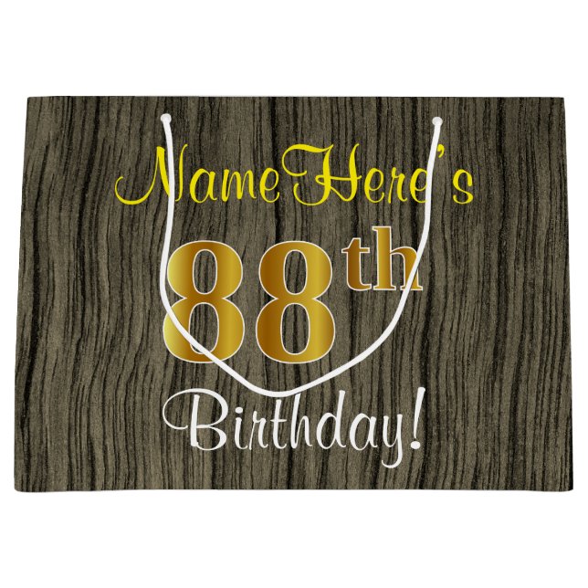 Faux Wood Look, Faux Gold 88th Birthday + Name Large Gift Bag (Front)