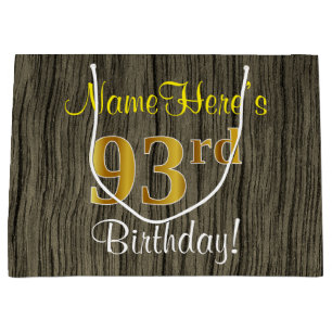 Faux Wood Look, Faux Gold 93rd Birthday + Name Large Gift Bag
