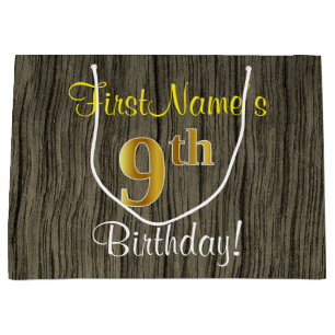 Faux Wood Look, Faux Gold 9th Birthday + Name Large Gift Bag