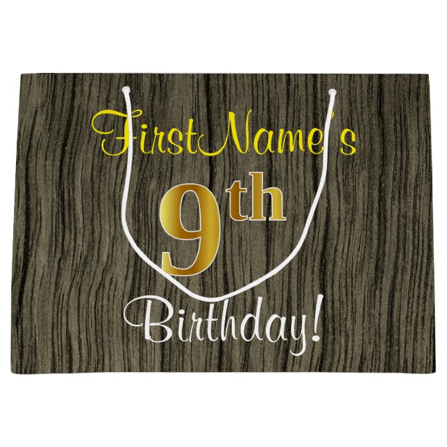 Faux Wood Look, Faux Gold 9th Birthday + Name Large Gift Bag (Front)