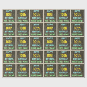 Faux Wood, Painted Text Look, 10th Birthday + Name Wrapping Paper