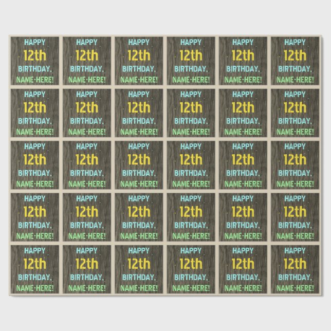 Faux Wood, Painted Text Look, 12th Birthday + Name Wrapping Paper (Flat)