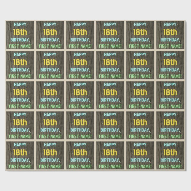 Faux Wood, Painted Text Look, 18th Birthday + Name Wrapping Paper (Flat)