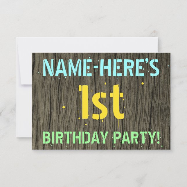 Faux Wood, Painted Text Look, 1st Birthday + Name Invitation (Front)