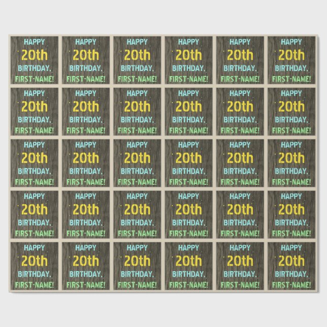 Faux Wood, Painted Text Look, 20th Birthday + Name Wrapping Paper (Flat)