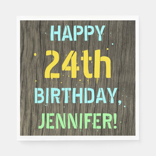 Faux Wood, Painted Text Look, 24th Birthday + Name Napkin (Front)