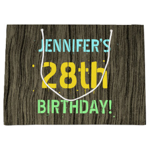 Faux Wood, Painted Text Look, 28th Birthday + Name Large Gift Bag