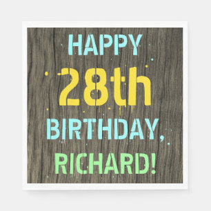 Faux Wood, Painted Text Look, 28th Birthday + Name Napkin