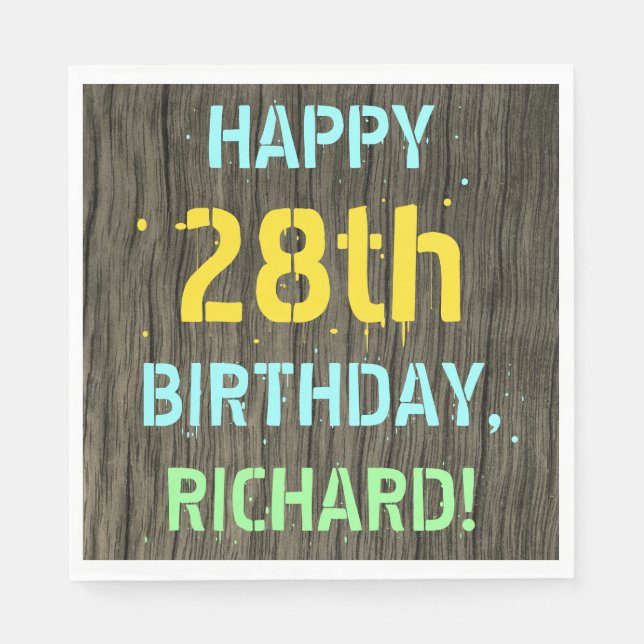 Faux Wood, Painted Text Look, 28th Birthday + Name Napkin (Front)