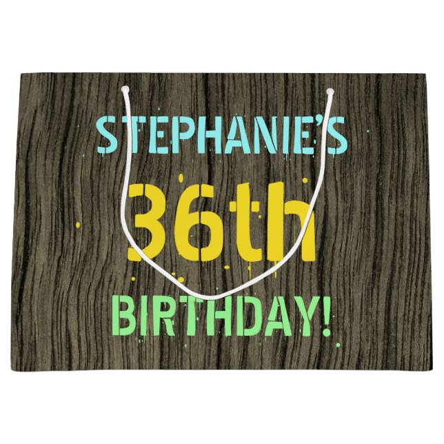 Faux Wood, Painted Text Look, 36th Birthday + Name Large Gift Bag (Front)