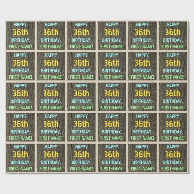 Faux Wood, Painted Text Look, 36th Birthday + Name Wrapping Paper (Flat)