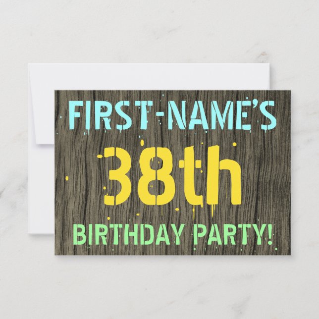Faux Wood, Painted Text Look, 38th Birthday + Name Invitation (Front)