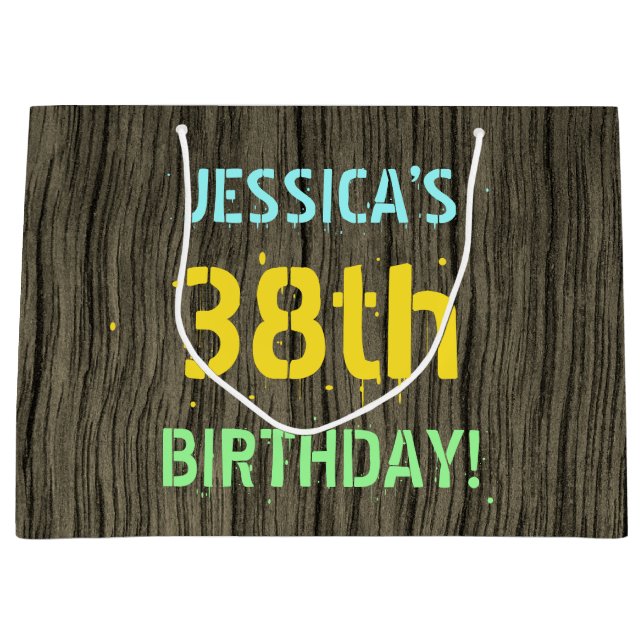 Faux Wood, Painted Text Look, 38th Birthday + Name Large Gift Bag (Front)
