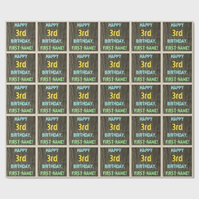 Faux Wood, Painted Text Look, 3rd Birthday + Name Wrapping Paper (Flat)