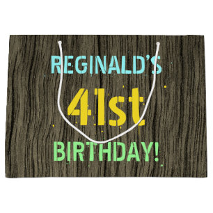 Faux Wood, Painted Text Look, 41st Birthday + Name Large Gift Bag