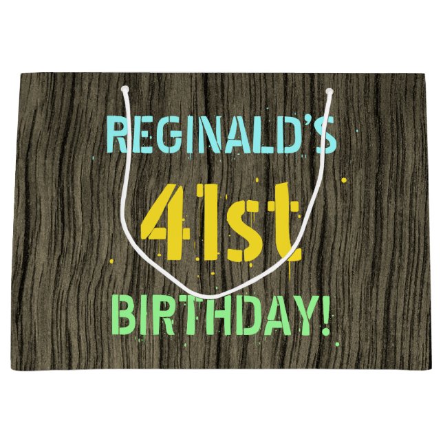 Faux Wood, Painted Text Look, 41st Birthday + Name Large Gift Bag (Front)