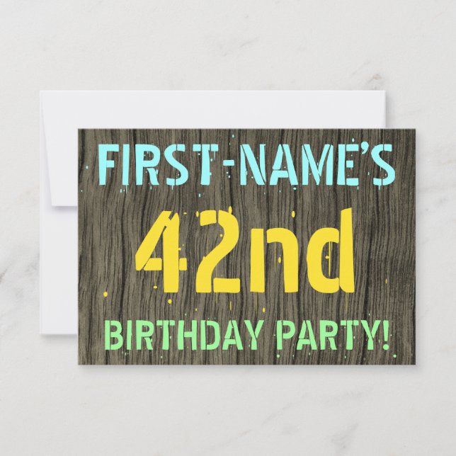 Faux Wood, Painted Text Look, 42nd Birthday + Name Invitation (Front)