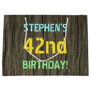 Faux Wood, Painted Text Look, 42nd Birthday + Name Large Gift Bag