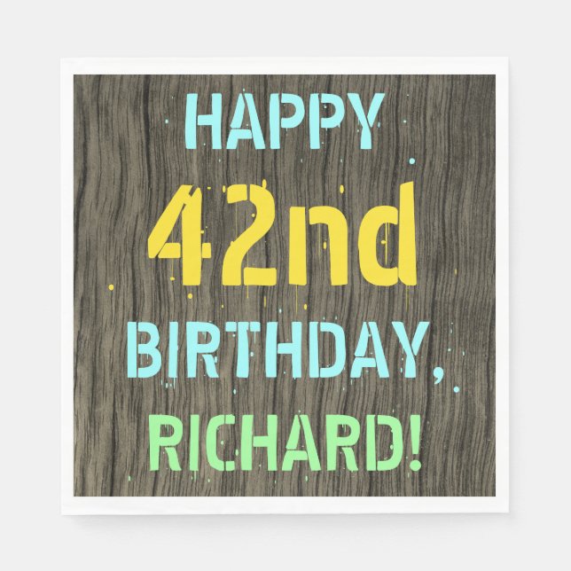 Faux Wood, Painted Text Look, 42nd Birthday + Name Napkin (Front)