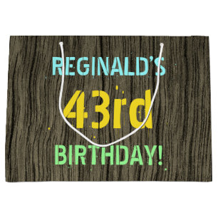 Faux Wood, Painted Text Look, 43rd Birthday + Name Large Gift Bag
