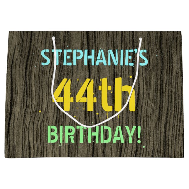 Faux Wood, Painted Text Look, 44th Birthday + Name Large Gift Bag (Front)
