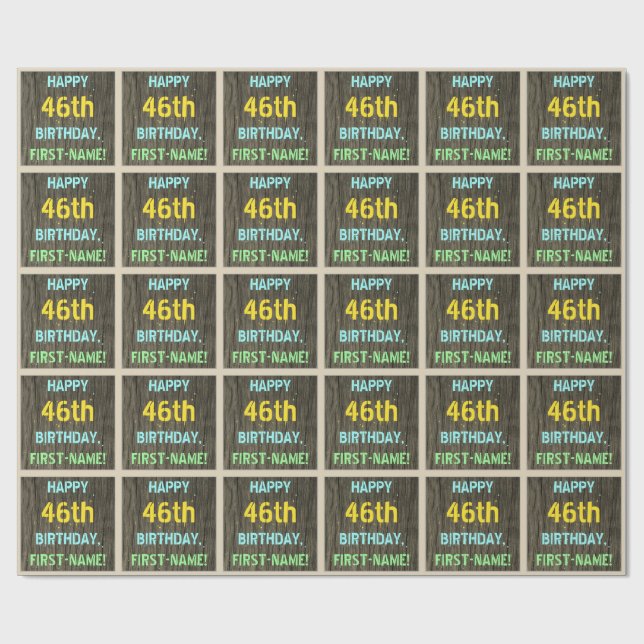 Faux Wood, Painted Text Look, 46th Birthday + Name Wrapping Paper (Flat)