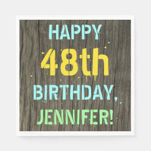 Faux Wood, Painted Text Look, 48th Birthday + Name Napkin