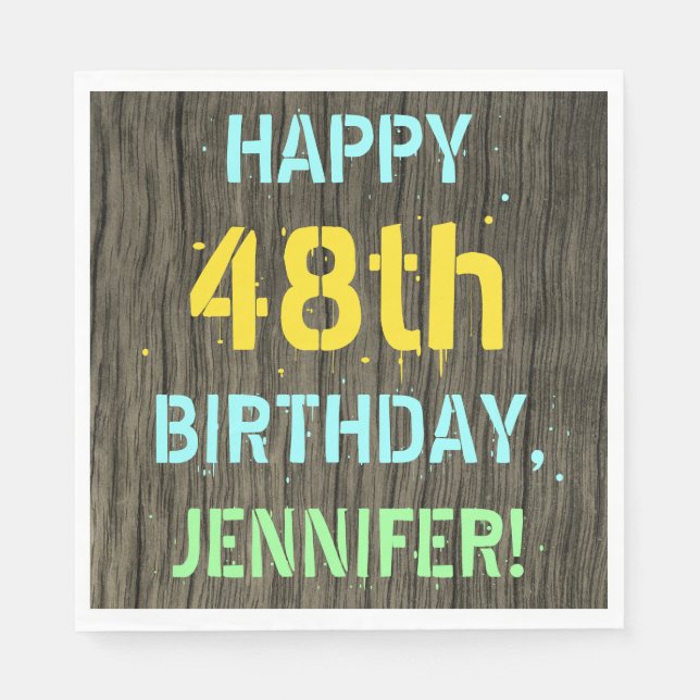 Faux Wood, Painted Text Look, 48th Birthday + Name Napkin (Front)
