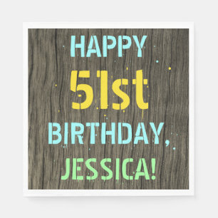 Faux Wood, Painted Text Look, 51st Birthday + Name Napkin