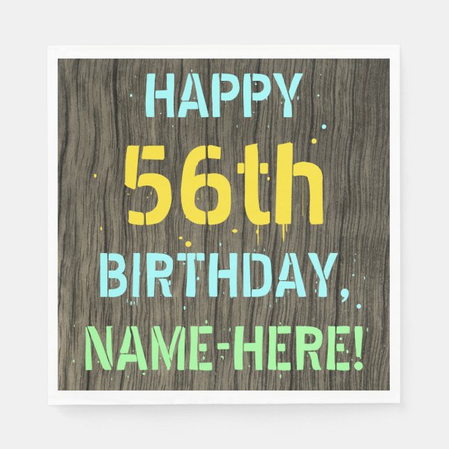 Faux Wood, Painted Text Look, 56th Birthday + Name Napkin (Front)