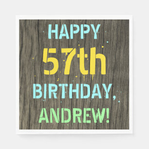 Faux Wood, Painted Text Look, 57th Birthday + Name Napkin