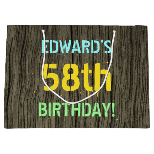 Faux Wood, Painted Text Look, 58th Birthday + Name Large Gift Bag