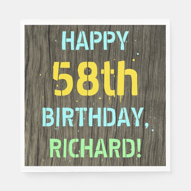 Faux Wood, Painted Text Look, 58th Birthday + Name Napkin (Front)