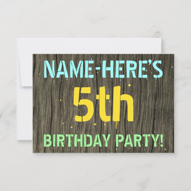 Faux Wood, Painted Text Look, 5th Birthday + Name Invitation (Front)