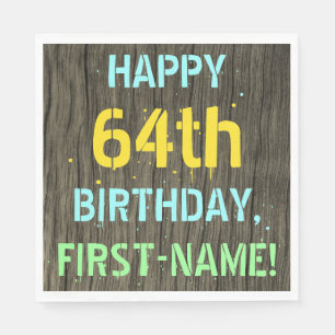 Faux Wood, Painted Text Look, 64th Birthday + Name Napkin