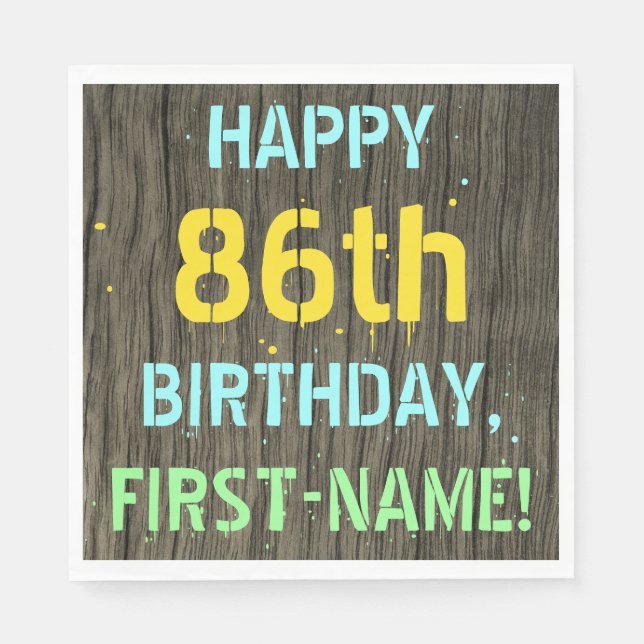 Faux Wood, Painted Text Look, 86th Birthday + Name Napkin (Front)
