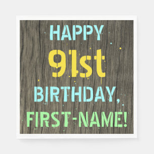 Faux Wood, Painted Text Look, 91st Birthday + Name Napkin