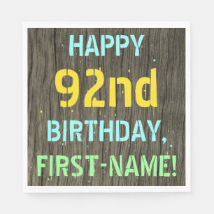 Faux Wood, Painted Text Look, 92nd Birthday + Name Napkin