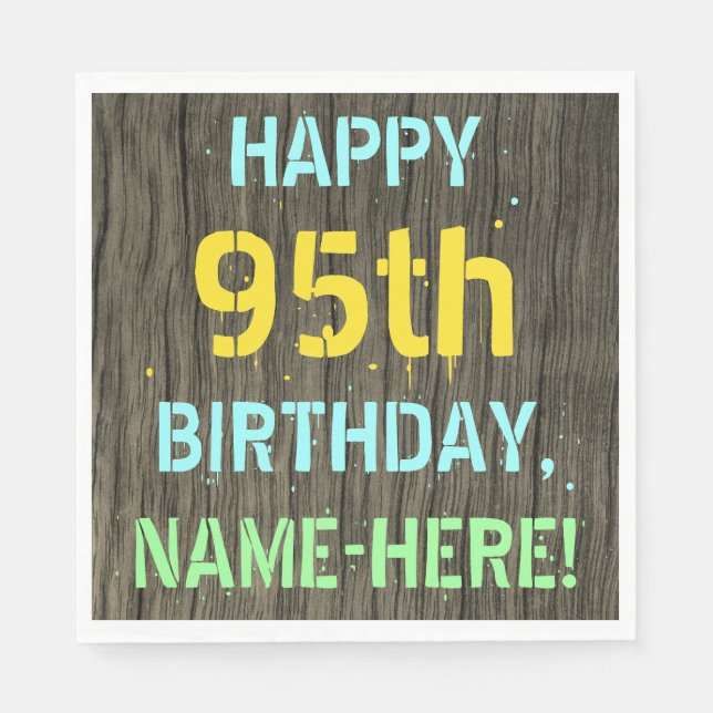 Faux Wood, Painted Text Look, 95th Birthday + Name Napkin (Front)