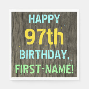 Faux Wood, Painted Text Look, 97th Birthday + Name Napkin